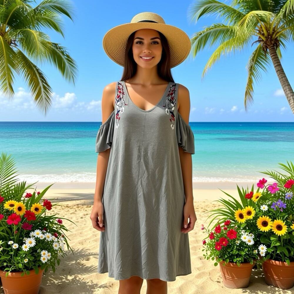 Sonoma Dress Women M Gray Embroidery Floral V Neck Cold Shoulder Casual Summer
